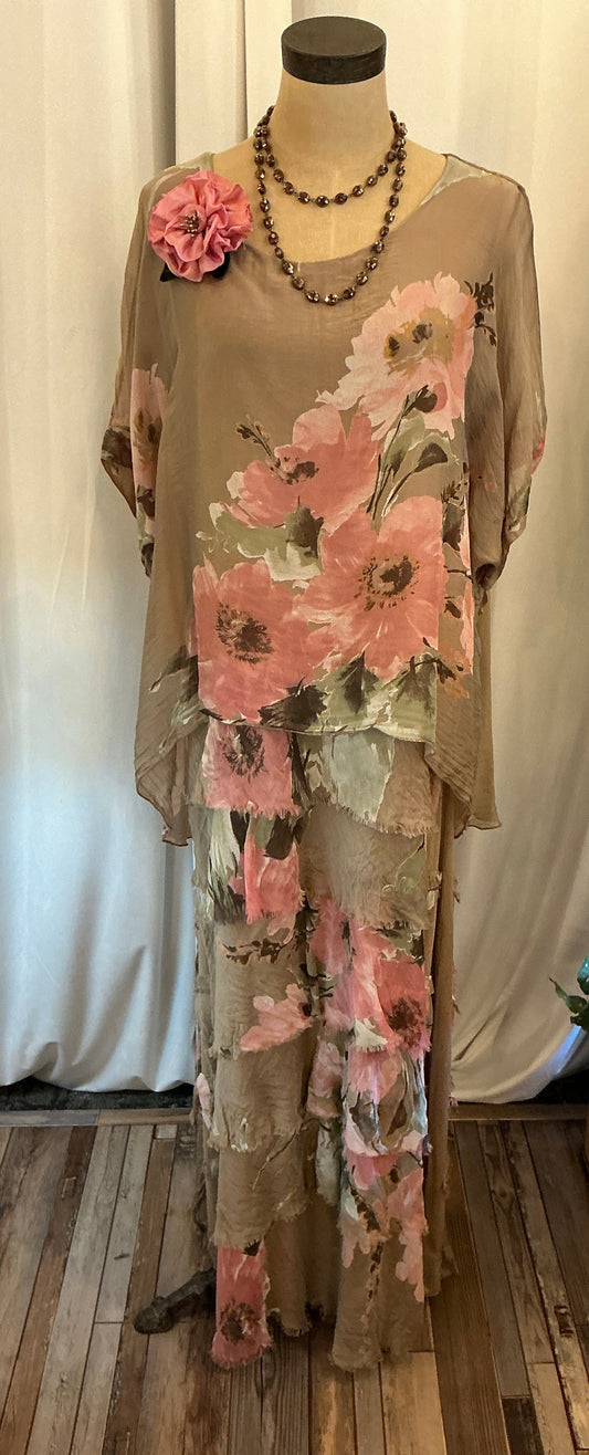 Double Layer Floral Silky Dress (Brown)