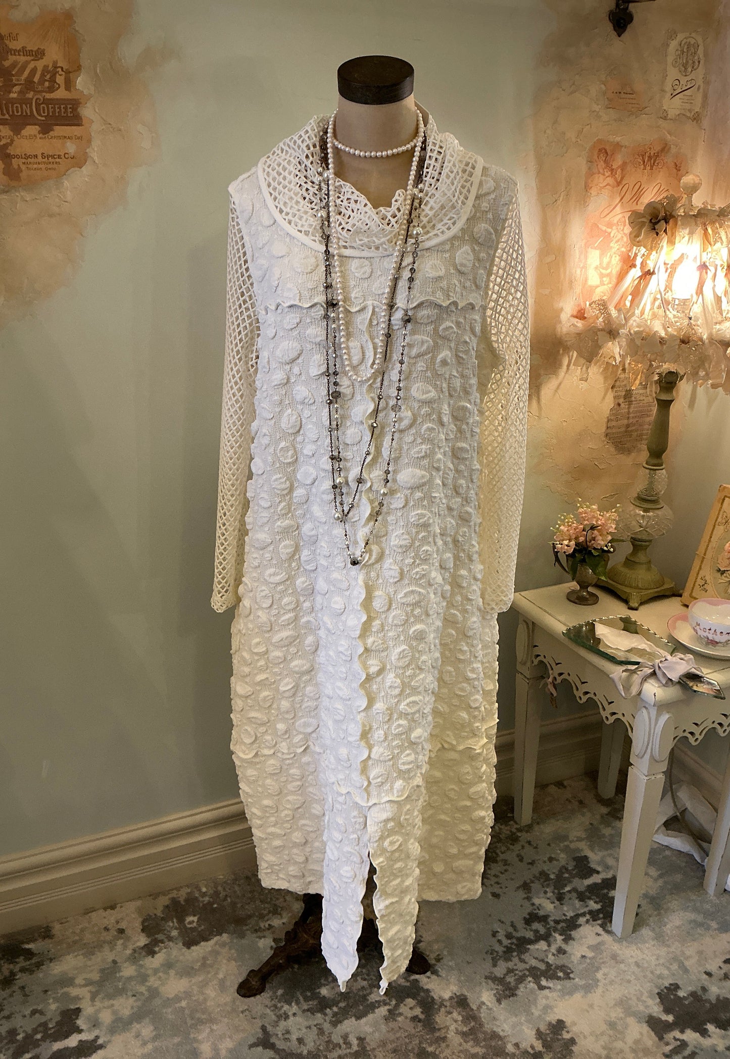 Flowy (wrinkle free) Cream Dress with Fish Net Mock Neck and Sleeves