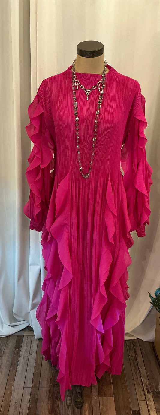 Hot Pink Flowy Ruffle Trim Dress