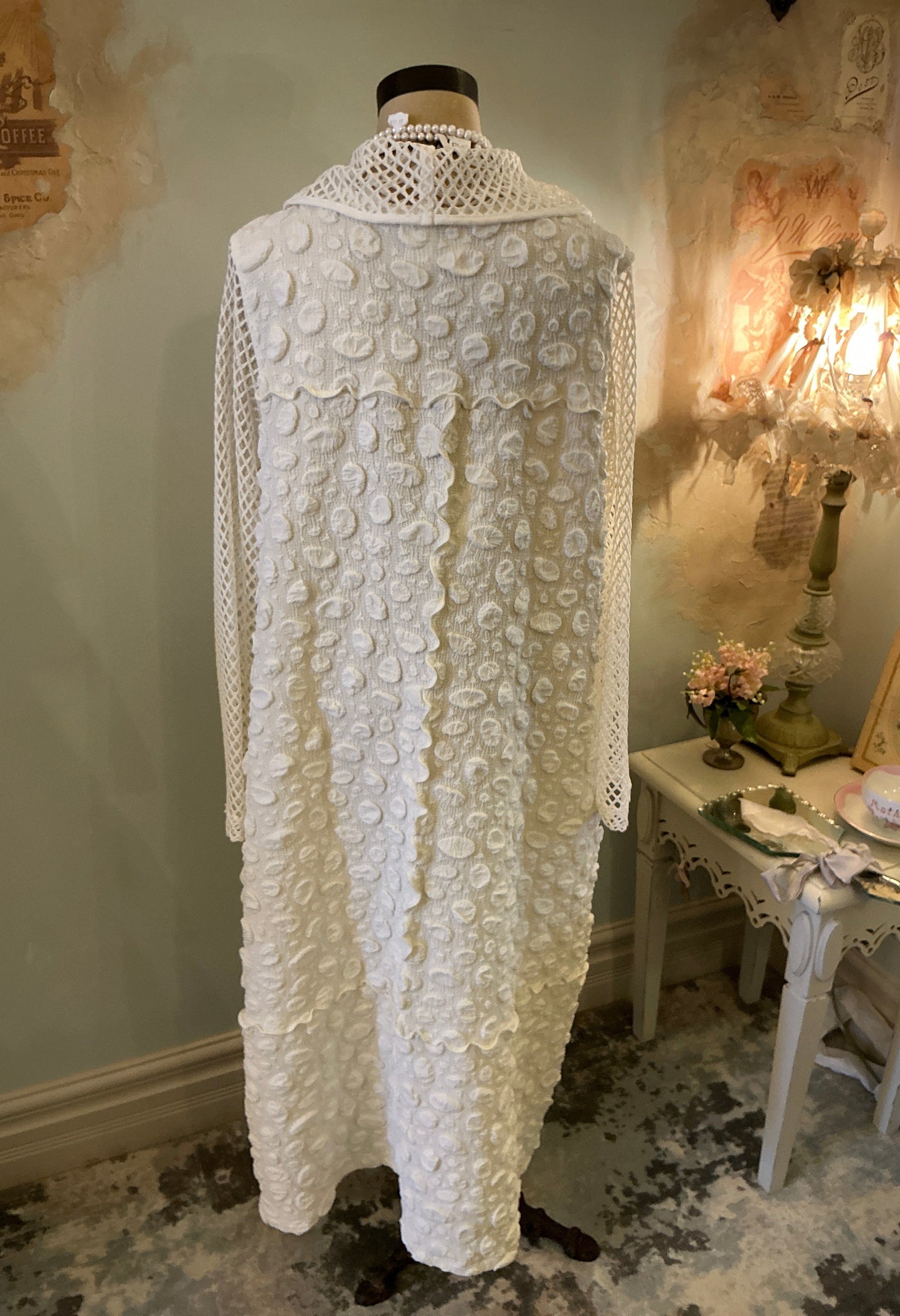 Flowy (wrinkle free) Cream Dress with Fish Net Mock Neck and Sleeves