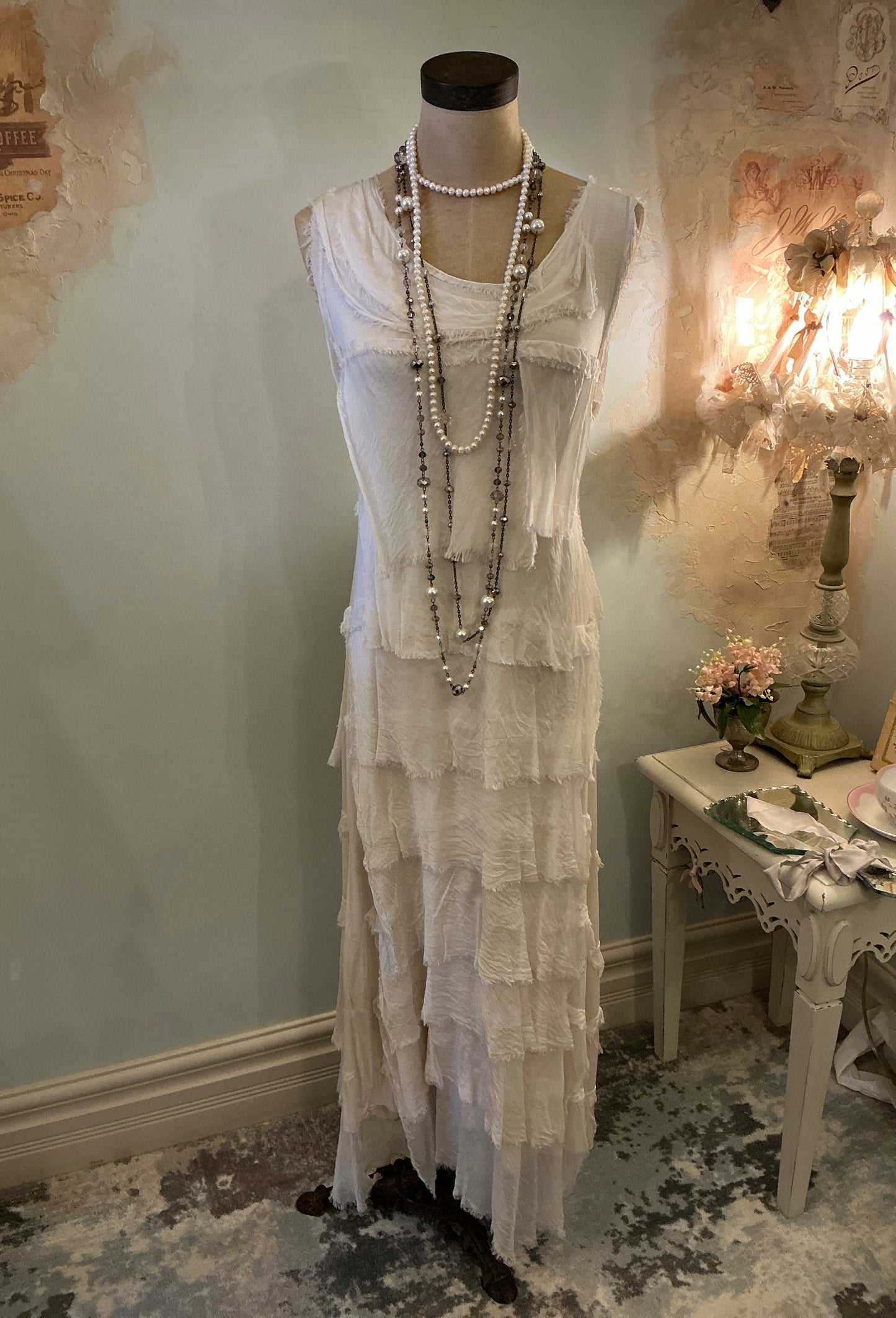 2-Piece Silky, Layered Tank Dress, With Jacket Overlay (Cream) One Size