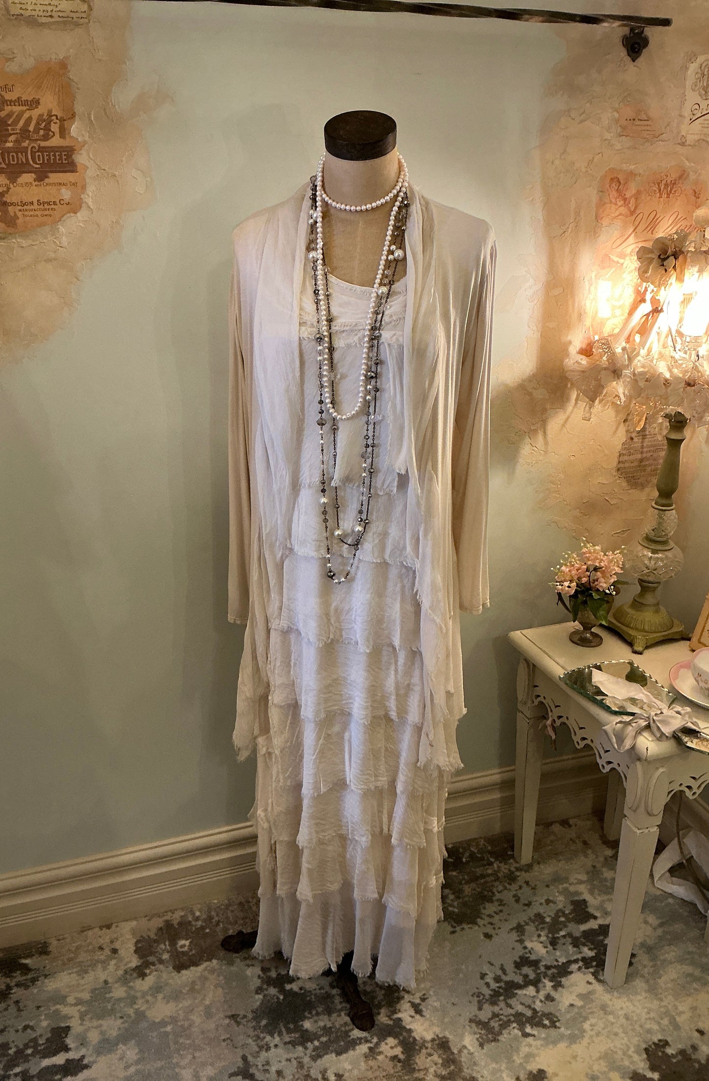 2-Piece Silky, Layered Tank Dress, With Jacket Overlay (Cream) One Size