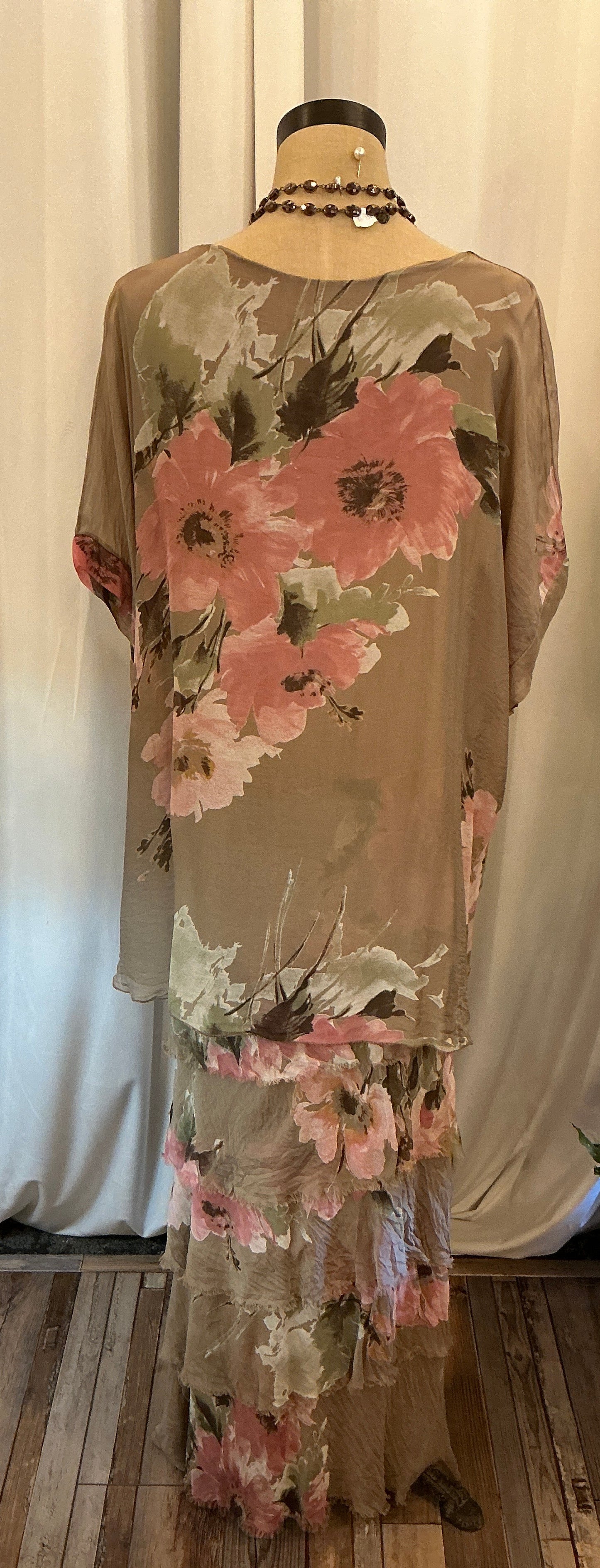 Double Layer Floral Silky Dress (Brown)