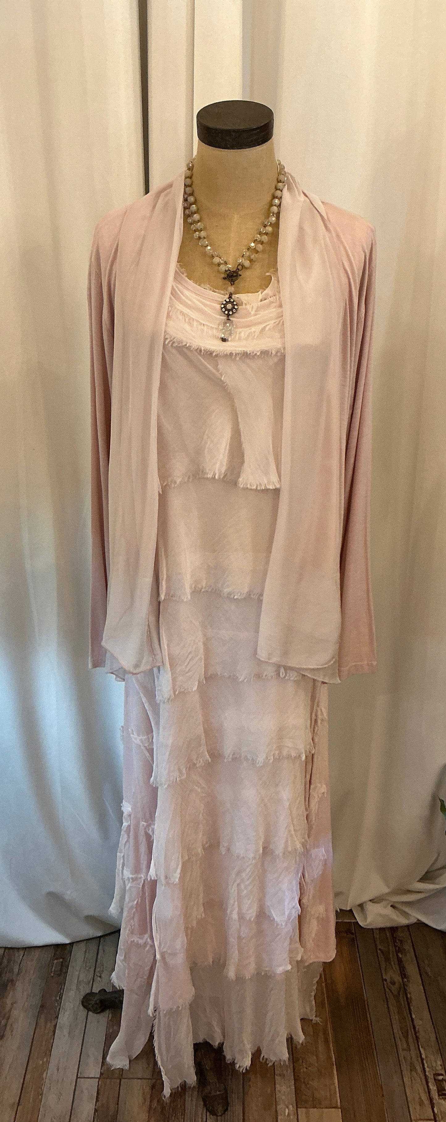 2- Piece Silky, Layered Tank Dress, With Jacket Overlay (Baby Pink) One Size